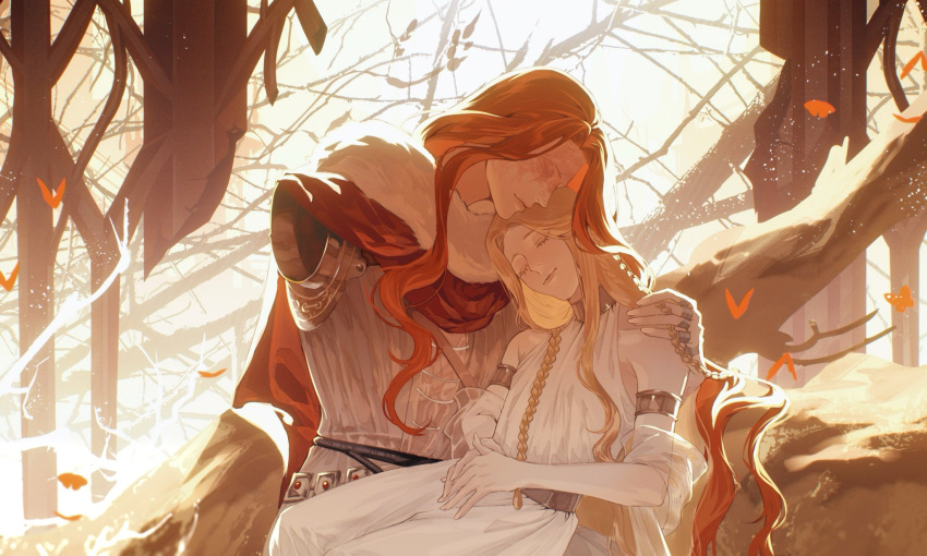 1boy, 1girl, amputee, armlet, armor, blonde_hair, braid, brother_and_sister