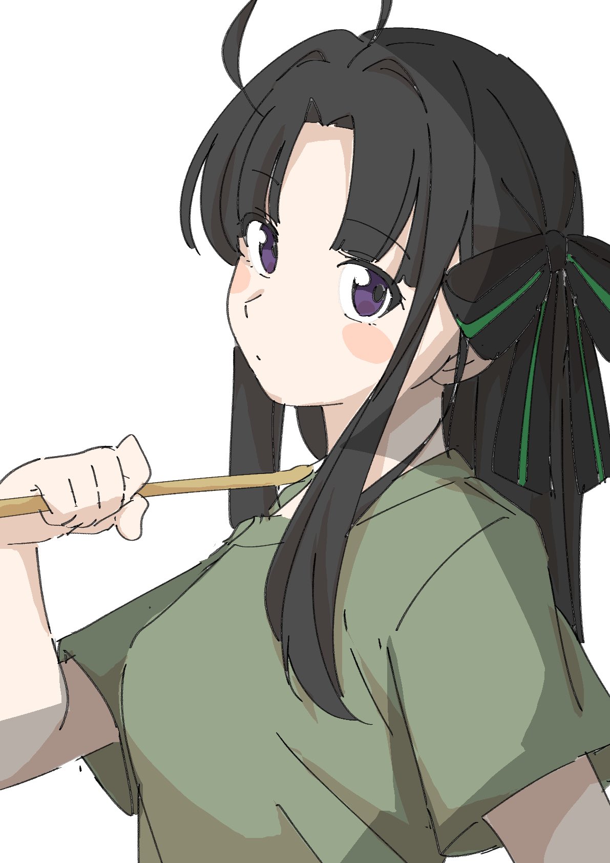 1girl, ahoge, awa_subaru, black_hair, black_ribbon, blush, breasts, closed_mouth, commentary, drumsticks, girls_band_cry, green_shirt, hair_intakes, hair_ribbon, hashtag-only_commentary, highres, holding, holding_drumsticks, long_hair, looking_at_viewer, medium_breasts, parted_bangs, ribbon, shirt, short_sleeves, sidelocks, simple_background, solo, tawashi_(tawashi_100yen), upper_body, violet_eyes, white_background