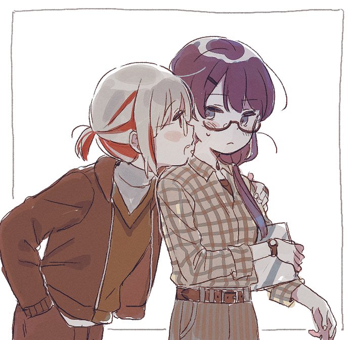 2girls, :<, alternate_costume, behind_another, belt, black-framed_eyewear, blush, brown_belt, brown_jacket, brown_pants, brown_sweater_vest, closed_mouth, collared_shirt, dghd, dress_shirt, eye_contact, frown, gingham, gingham_shirt, glasses, grey_eyes, grey_hair, grey_sweater, hair_ornament, hair_over_shoulder, hairclip, hand_in_pocket, hand_on_another's_shoulder, holding, jacket, leaning_forward, link!_like!_love_live!, long_sleeves, looking_at_another, love_live!, low_ponytail, multicolored_hair, multiple_girls, murano_sayaka, open_clothes, open_jacket, open_mouth, pants, purple_hair, red_eyes, redhead, semi-rimless_eyewear, shirt, short_hair, short_ponytail, sidelocks, simple_background, streaked_hair, striped_clothes, striped_pants, sweatdrop, sweater, sweater_vest, teeth, turtleneck, turtleneck_sweater, under-rim_eyewear, upper_body, upper_teeth_only, vertical-striped_clothes, vertical-striped_pants, virtual_youtuber, watch, watch, white_background, yugiri_tsuzuri