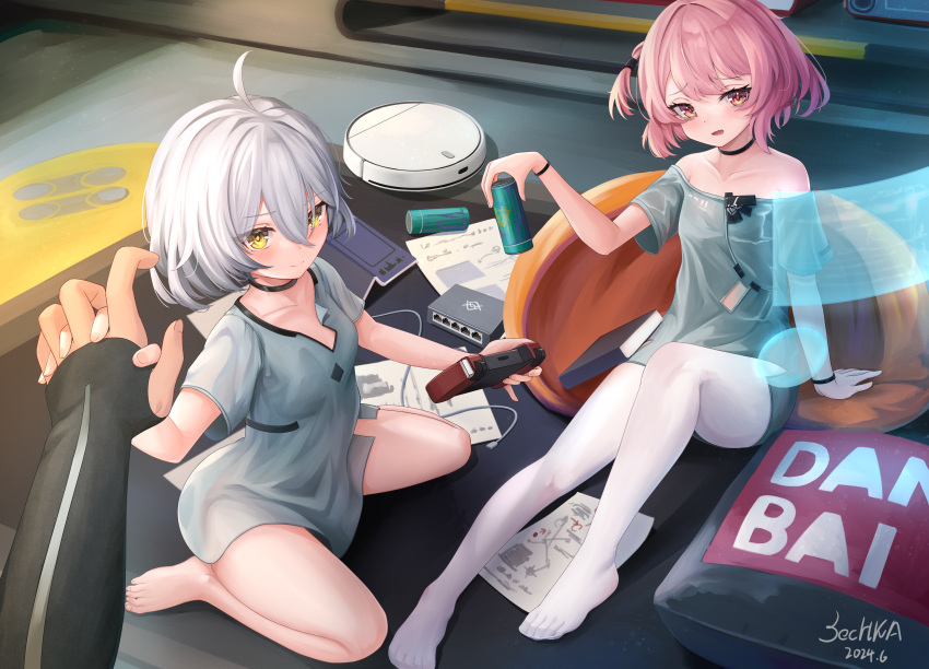 1boy, 2girls, absurdres, acacia_(snowbreak), bags_under_eyes, bare_arms, bare_legs, bare_shoulders