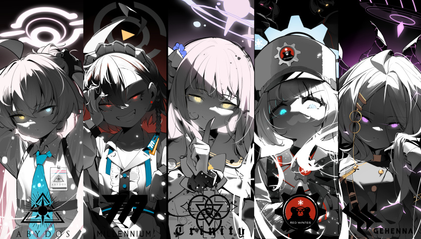 5girls, absurdres, ahoge, black_horns, blue_archive, blue_eyes, blue_halo, cherino_(blue_archive)