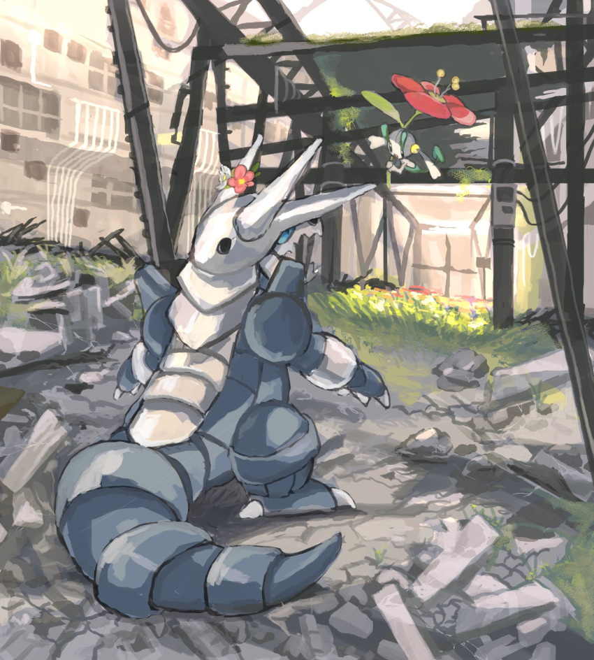 aggron, blue_sclera, building, colored_sclera, floette, floette_(red_flower), flower, grass