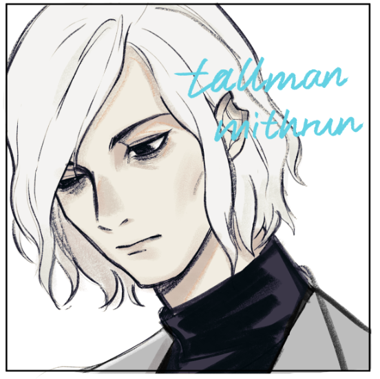 1boy, alternate_species, black_eyes, character_name, dungeon_meshi, english_text, expressionless, grey_hair