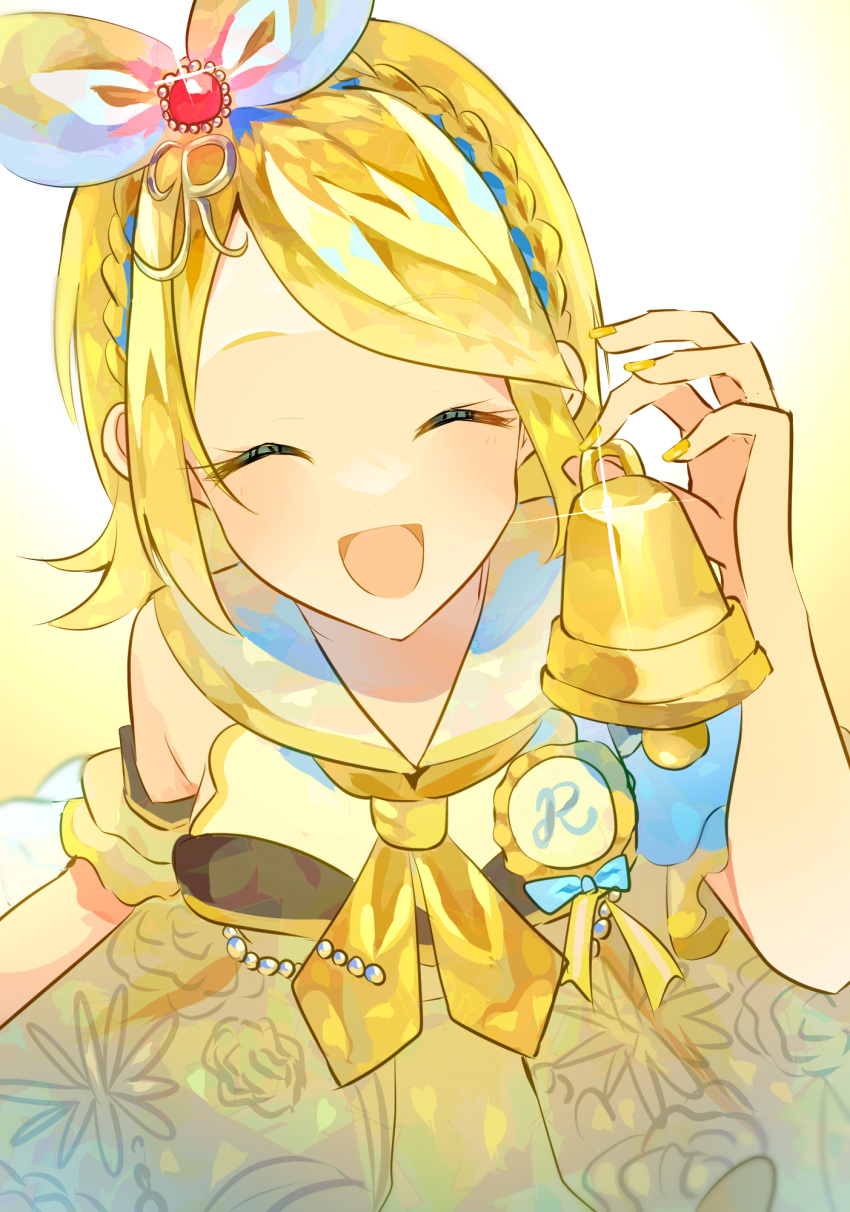 1girl, bell, blonde_hair, blush, bow, braid, closed_eyes, commentary_request