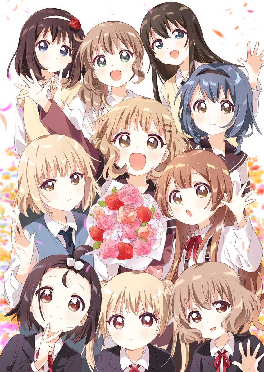 6+girls, arm_up, black_hair, black_jacket, blonde_hair, blue_eyes, blue_hair, blue_necktie