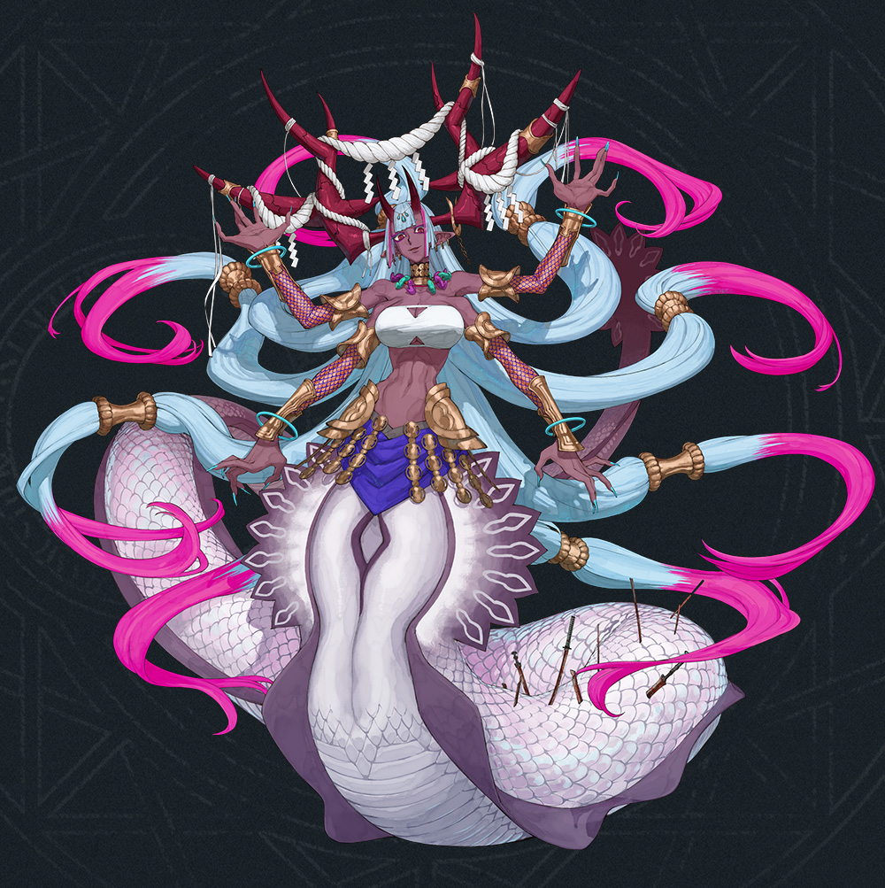 1girl, arm_guards, armlet, armor, blue_hair, blue_nails, bracelet, breasts, choker, dark-skinned_female, dark_skin, extra_arms, fate/samurai_remnant, fate_(series), full_body, hair_tubes, head_chain, horns, ibuki_douji_(ruler)_(fate), jewelry, lamia, large_breasts, long_hair, looking_at_viewer, midriff, monster_girl, multi-tied_hair, multicolored_hair, official_art, pink_hair, pointy_ears, red_eyes, red_horns, scales, smile, solo, stab, standing, strapless, sword, tachi-e, tube_top, very_long_fingernails, very_long_hair, wataru_rei, weapon, white_tube_top