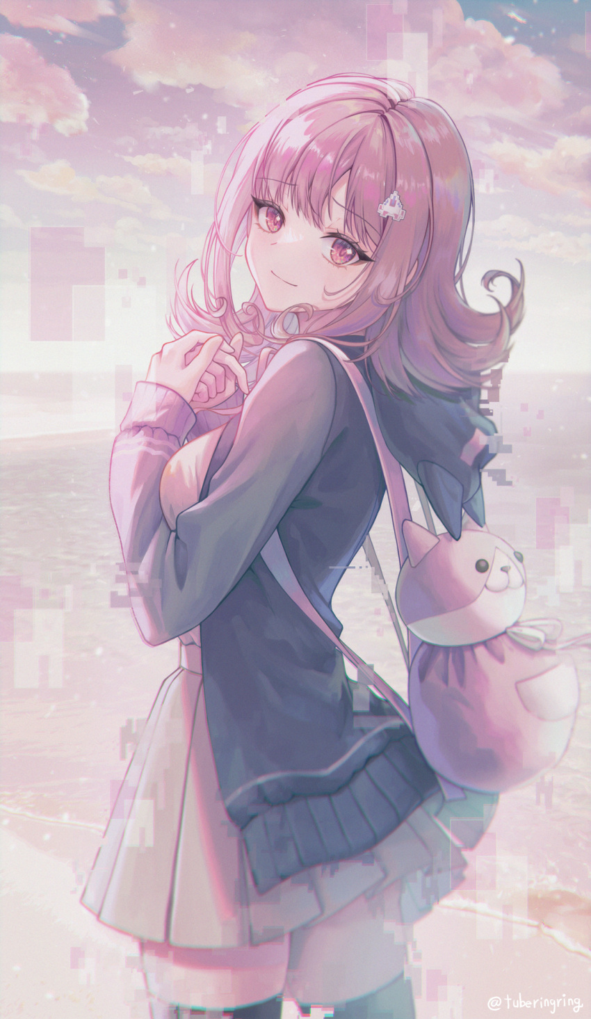 1girl, backpack, bag, beach, black_thighhighs, cowboy_shot, danganronpa_(series), danganronpa_2:_goodbye_despair, from_behind, galaga, green_jacket, highres, jacket, looking_at_viewer, looking_back, medium_hair, miniskirt, muted_color, nanami_chiaki, ocean, pink_eyes, pink_hair, pleated_skirt, sand, shirt, skirt, solo, thigh-highs, tubering, twitter_username, white_shirt
