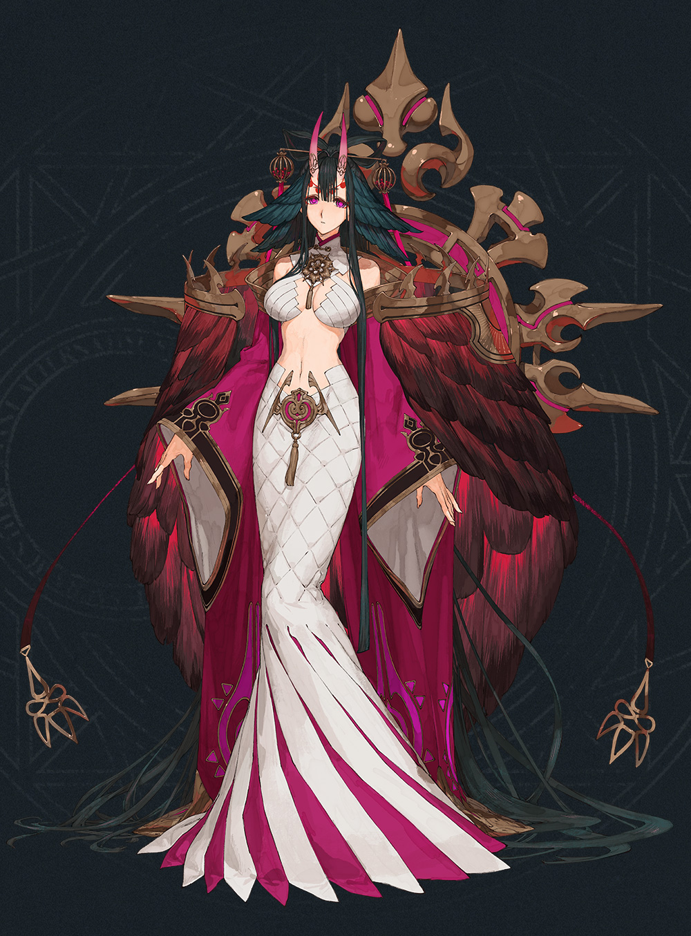 1girl, absurdly_long_hair, black_hair, bow-shaped_hair, bra, breasts, brooch, detached_collar