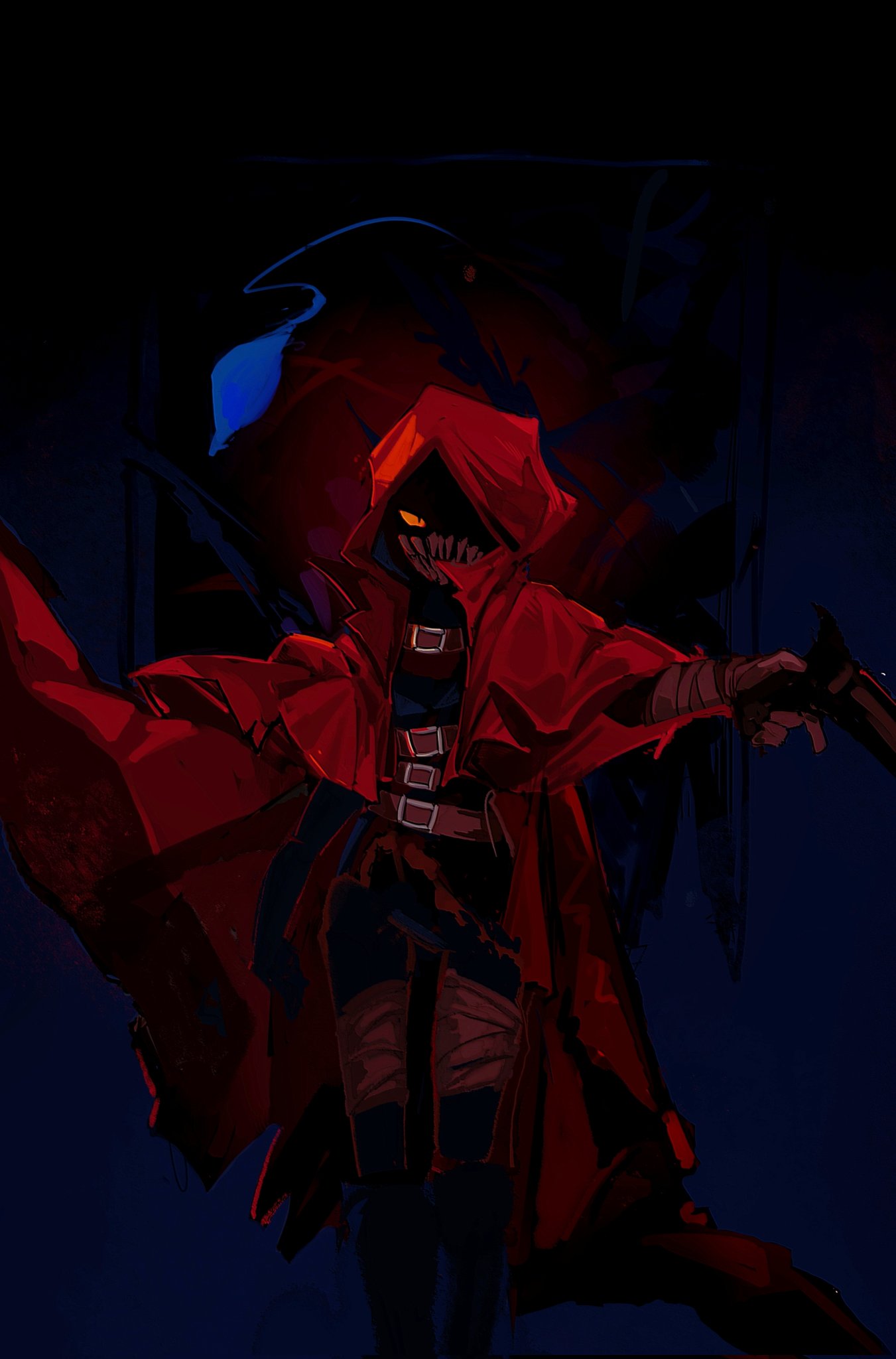 1girl, arm_strap, belt, big_and_will_be_bad_wolf, brown_belt, cape, capelet, colored_sclera, feet_out_of_frame, full_body, highres, hood, hooded_cape, little_red_riding_hooded_mercenary, lobotomy_corporation, looking_at_viewer, project_moon, red_cape, red_capelet, roier, sharp_teeth, solo, teeth, thigh_strap, yellow_sclera