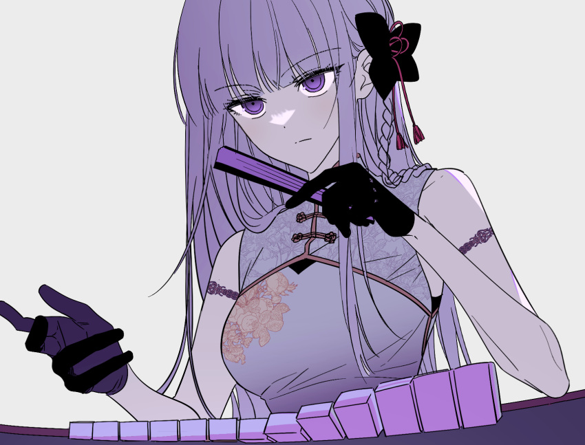 1girl, bare_arms, bare_shoulders, black_bow, black_gloves, blunt_bangs, bow, braid