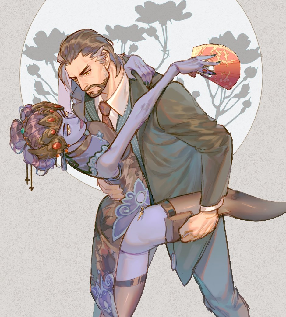 1boy, 1girl, atiti_(ttttt945), black_lily_widowmaker, black_thighhighs, china_dress, chinese_clothes, colored_skin
