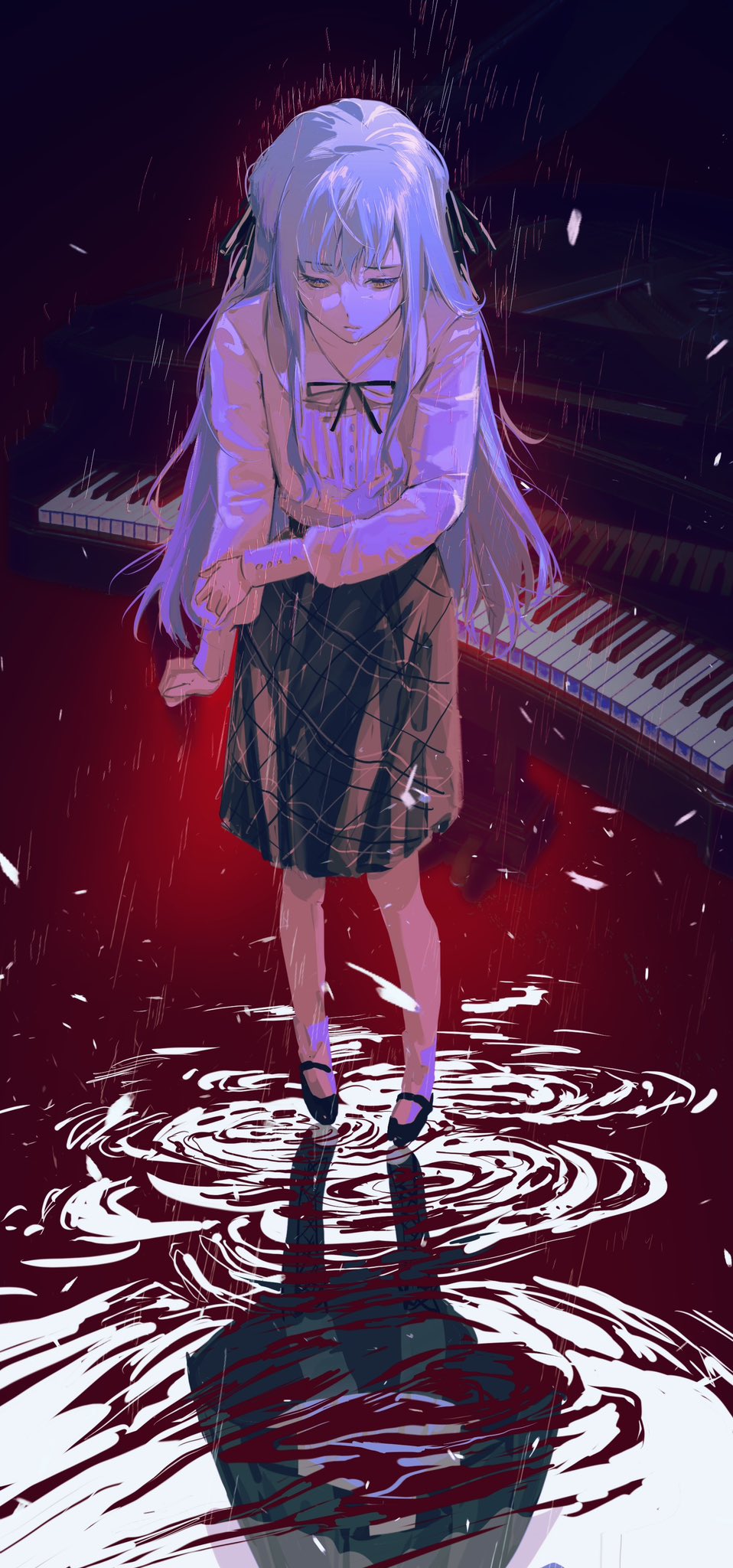 1girl, bang_dream!, bang_dream!_it's_mygo!!!!!, black_footwear, black_ribbon, blue_hair, chinese_commentary, closed_mouth