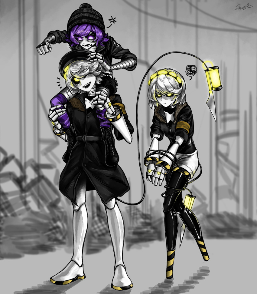 1boy, 2girls, absurdres, android, black_footwear, black_hairband, black_hat, black_jacket, black_thighhighs, bound, bound_wrists, face_filter, grey_hair, hairband, hat, highres, humanoid_robot, jacket, m4sked, machine, mechanical_arms, multiple_girls, murder_drones, n_(murder_drones), open_mouth, purple_hair, robot, screen, short_hair, short_sleeves, smile, socks, tail, thigh-highs, uzi_(murder_drones), v_(murder_drones), violet_eyes, white_hair, yellow_eyes