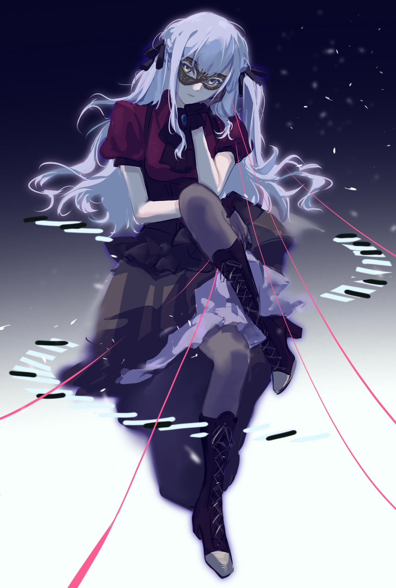 1girl, ascot, bang_dream!, bang_dream!_it's_mygo!!!!!, black_ascot, black_corset, black_footwear, black_gloves, black_mask, black_pantyhose, black_ribbon, black_skirt, blue_brooch, blue_hair, boots, closed_mouth, commentary, corset, douyou679, gloves, hair_ribbon, hashtag-only_commentary, highres, long_hair, looking_at_viewer, mask, masquerade_mask, pantyhose, puffy_short_sleeves, puffy_sleeves, red_shirt, ribbon, shirt, short_sleeves, sidelocks, sitting, skirt, solo, togawa_sakiko, yellow_eyes