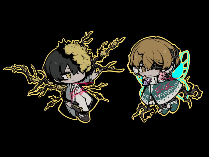 2boys, black_background, blonde_hair, branch, cape, closed_mouth, e.g.o_(project_moon), fairy_wings