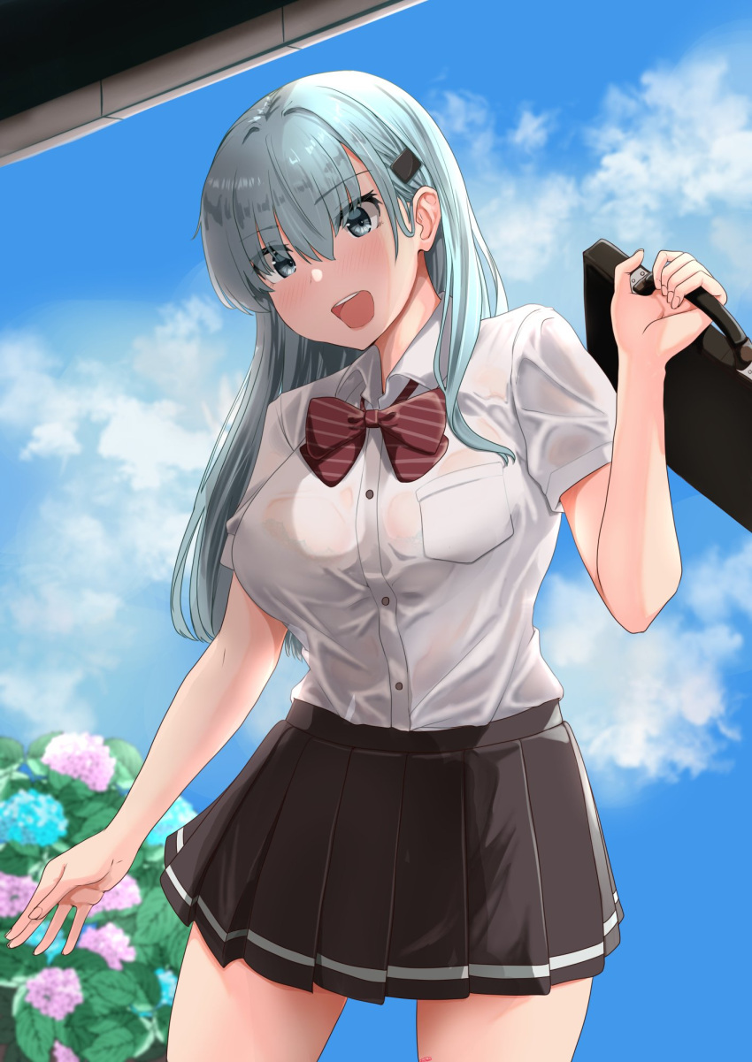 1girl, aqua_eyes, aqua_hair, ascot, blush, breasts, brown_skirt, clouds