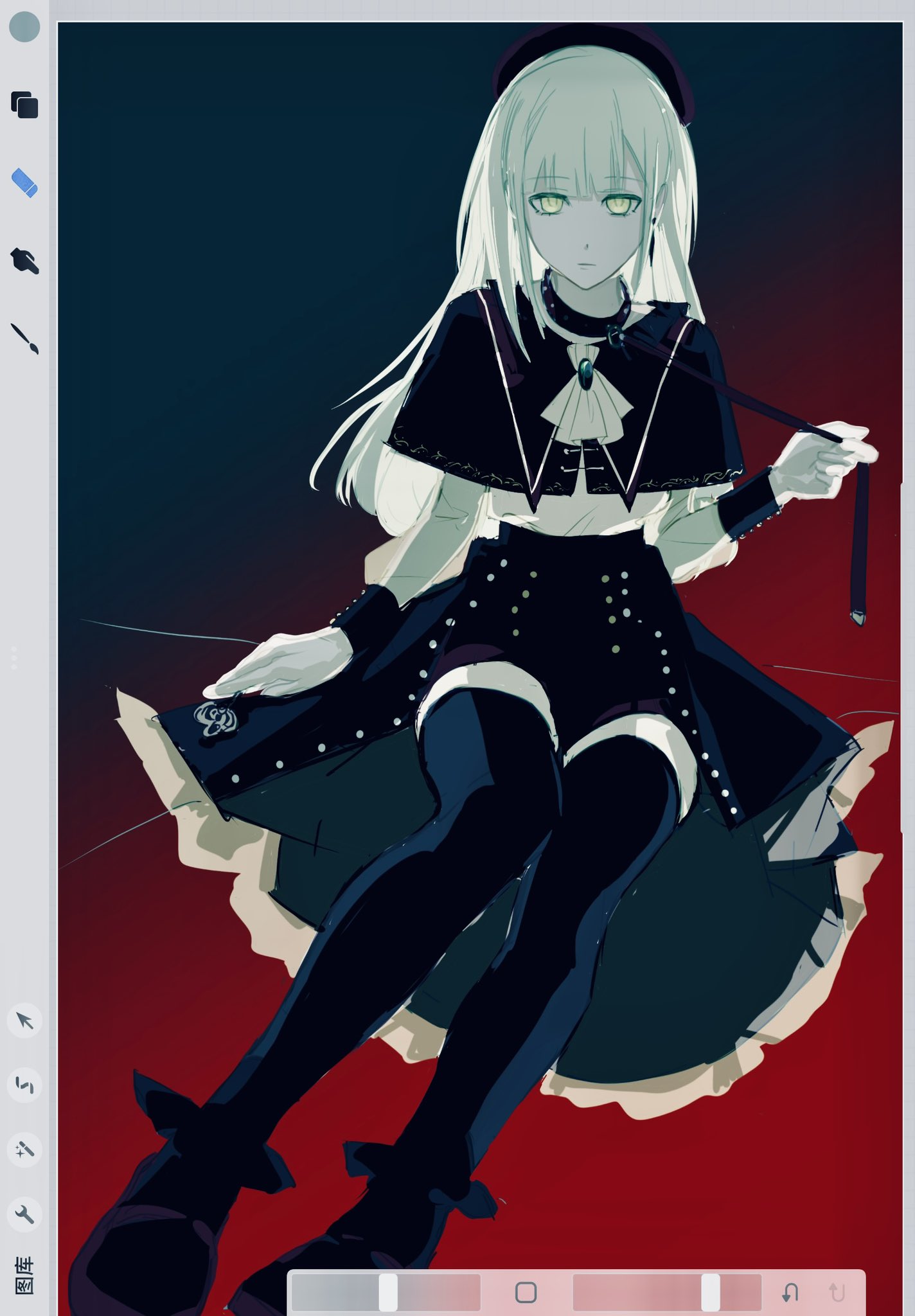 1girl, art_program_in_frame, ascot, bang_dream!, bang_dream!_it's_mygo!!!!!, black_collar, black_skirt, black_thighhighs