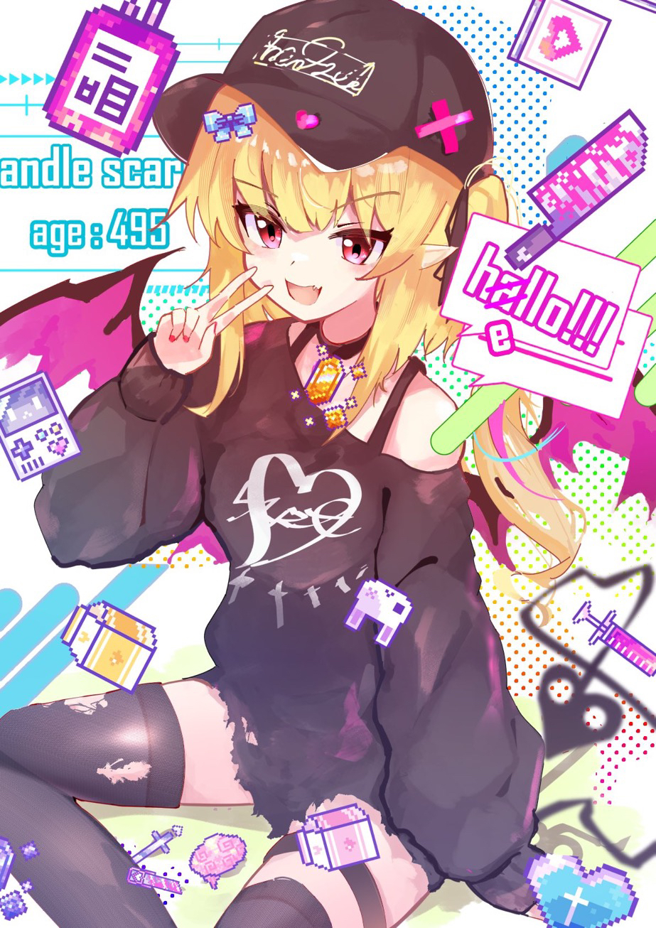 1girl, alternate_costume, baseball_cap, bat_wings, black_choker, black_pantyhose, black_shirt, blonde_hair