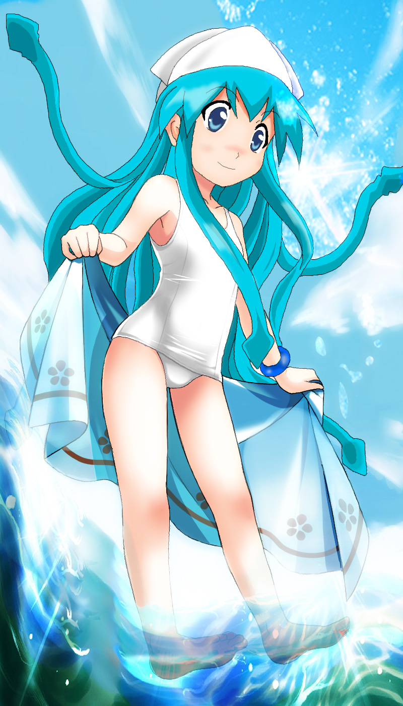 blue_eyes, blue_hair, hat, hotaru_(4811), ikamusume, long_hair, sarong, school_swimsuit