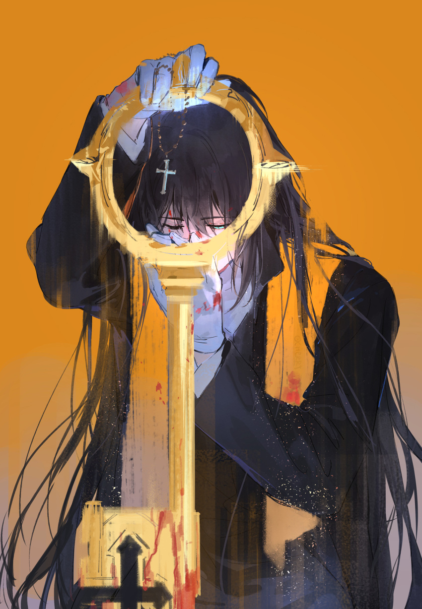 1boy, aqua_eyes, black_coat, black_hair, coat, cross, dieci_association_(identity)_(project_moon), gloves