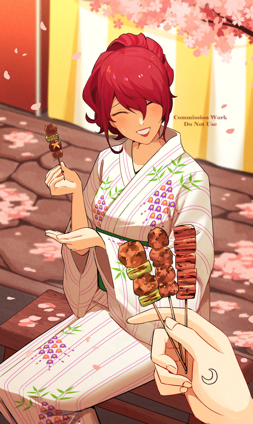 1girl, 1other, ^_^, closed_eyes, commission, facing_viewer, food, grin