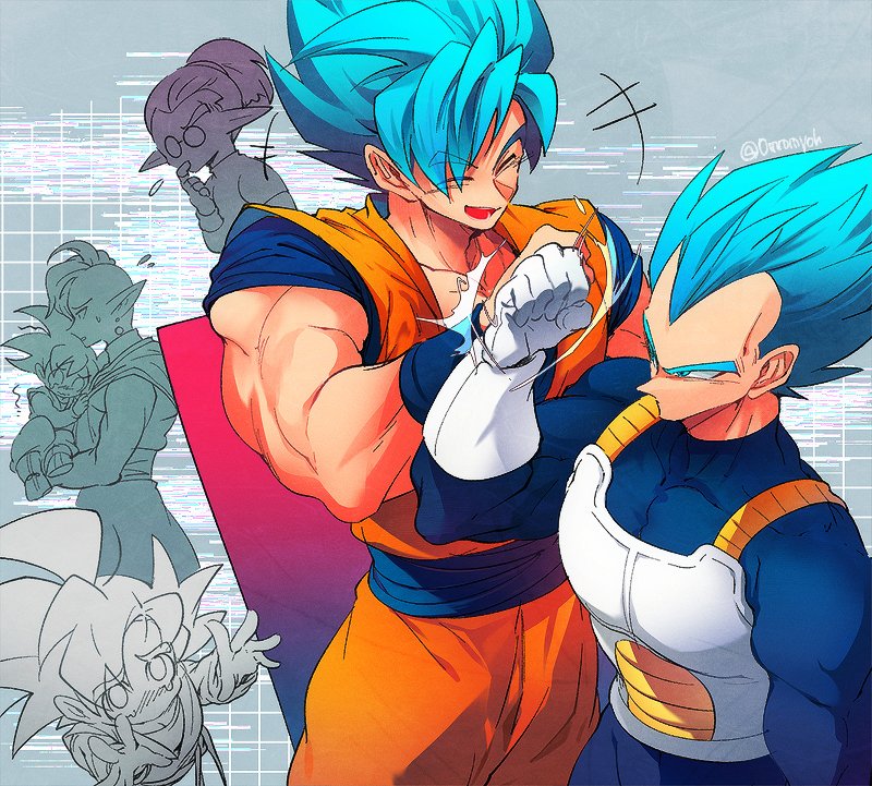 5boys, blue_eyes, blush, carrying, carrying_person, closed_eyes, dougi, dragon_ball, dragon_ball_xenoverse, fist_bump, flying_sweatdrops, fu_(dragon_ball), gloves, laughing, multiple_boys, muscular, muscular_male, ommmyoh, open_mouth, pointy_ears, pointy_hair, reaching_towards_another, saiyan_armor, shaking, son_goku, son_goten, super_saiyan, super_saiyan_blue, vegeta, white_gloves, zamasu