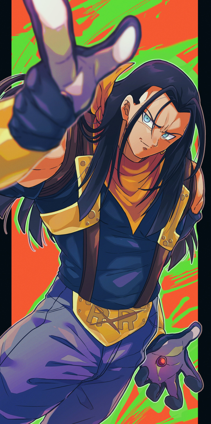 1boy, absurdres, android, ascot, bandana, belt_buckle, black_hair, blue_eyes, buckle, denim, dragon_ball, dragon_ball_gt, earrings, gloves, hair_slicked_back, highres, jeans, jewelry, long_hair, looking_to_the_side, male_focus, muscular, muscular_male, orange_bandana, otyumamii, pants, red_ribbon_army, single_earring, super_android_17, suspenders, very_long_hair