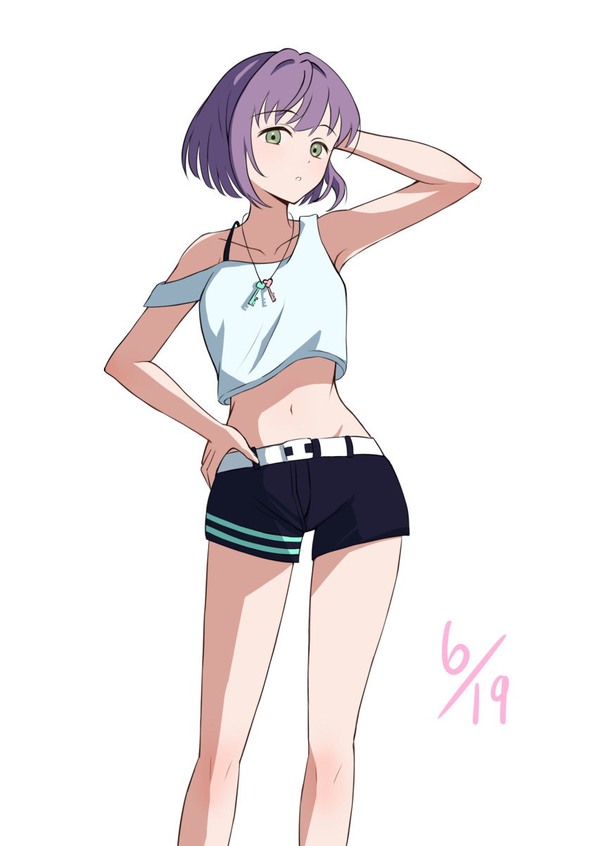 1girl, :o, absurdres, alternate_costume, alternate_hair_length, alternate_hairstyle, arm_behind_head, arm_up, belt, black_shorts, collarbone, commentary_request, crop_top, crop_top_overhang, dated, feet_out_of_frame, green_eyes, hand_on_own_hip, highres, ixianim, jewelry, key, key_necklace, link!_like!_love_live!, looking_at_viewer, love_live!, midriff, navel, necklace, open_mouth, otomune_kozue, purple_hair, short_hair, shorts, sidelocks, simple_background, solo, split_mouth, strap_slip, virtual_youtuber, white_background, white_belt