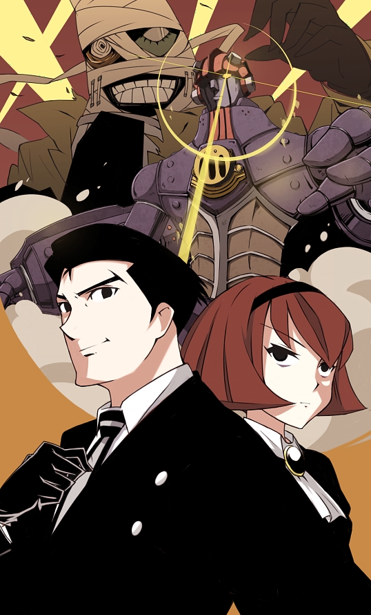 black_hair, brown_hair, formal, mecha, namo_(goodbyetears), pale_skin, r_dorothy_wayneright, red_hair