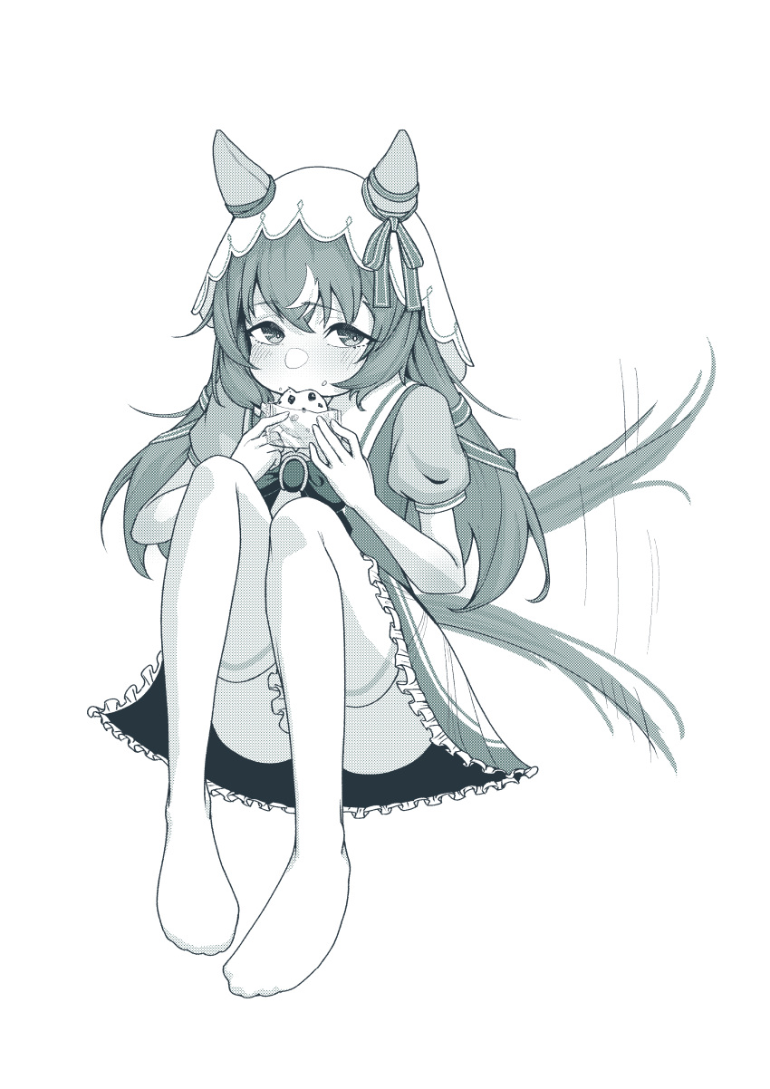1girl, a4_(a4_eishi), absurdres, animal_ears, blush, breasts, collarbone, cookie, eating, food, hair_between_eyes, hair_ornament, highres, horse_ears, horse_girl, horse_tail, looking_at_viewer, monochrome, school_uniform, solo, still_in_love_(umamusume), tail, tail_wagging, thigh-highs, tracen_school_uniform, umamusume, veil, white_background