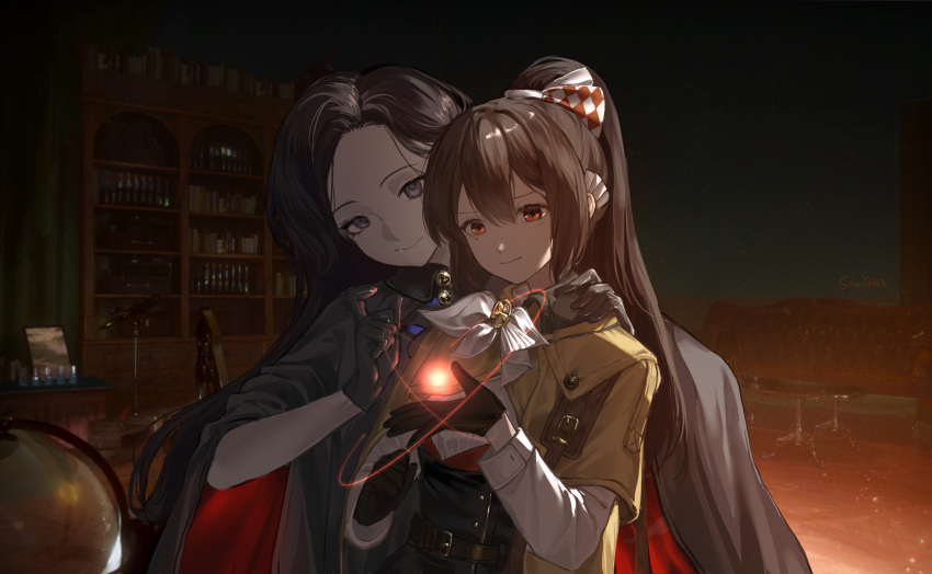 2girls, absurdres, artist_name, black_corset, black_gloves, black_shirt, bookshelf, bow