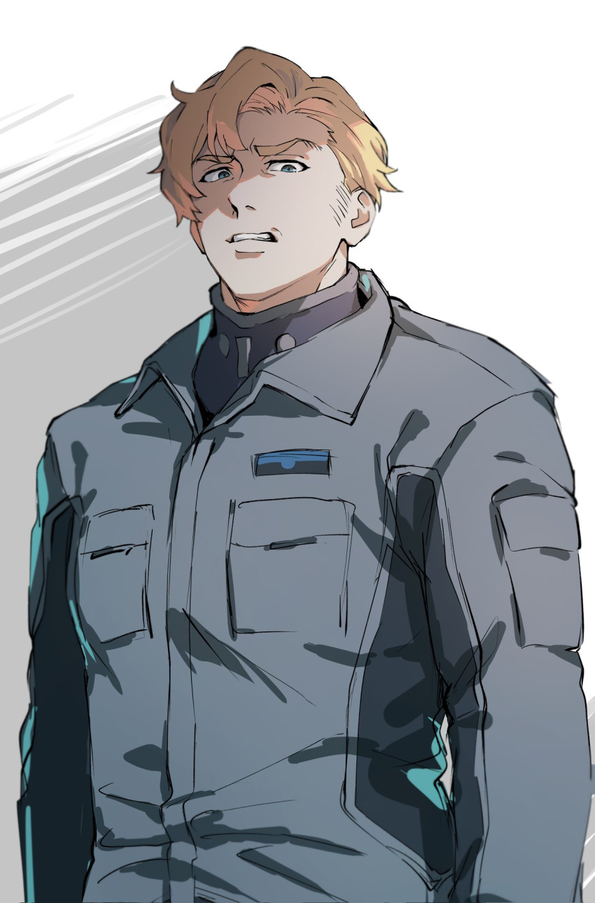 1boy, blonde_hair, cowboy_shot, disappointed, eyebrow_stubble, facial_hair, frown, highres, jumpsuit, jup84973, lewis_smith, looking_at_viewer, male_focus, shaded_face, sideburns_stubble, solo, stubble, thick_eyebrows, yuuki_bakuhatsu_bang_bravern