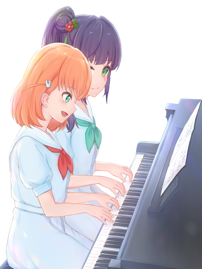2girls, :d, absurdres, aqua_eyes, aqua_neckerchief, cerise_bouquet, closed_mouth, commentary_request, crossed_bangs, dress, flower, green_eyes, hair_bun, hair_flower, hair_ornament, happy, hasu_no_sora_school_uniform, highres, hinoshita_kaho, instrument, kannogi, link!_like!_love_live!, long_hair, looking_at_another, love_live!, medium_hair, multiple_girls, music, neckerchief, open_mouth, orange_hair, otomune_kozue, playing_instrument, playing_piano, pleated_dress, puffy_short_sleeves, puffy_sleeves, purple_hair, rabbit_hair_ornament, red_flower, red_neckerchief, sailor_collar, sailor_dress, school_uniform, sheet_music, short_sleeves, side_ponytail, sidelocks, sideways_mouth, simple_background, single_side_bun, sitting, smile, split_mouth, summer_uniform, two_side_up, virtual_youtuber, white_background, white_dress, white_sailor_collar