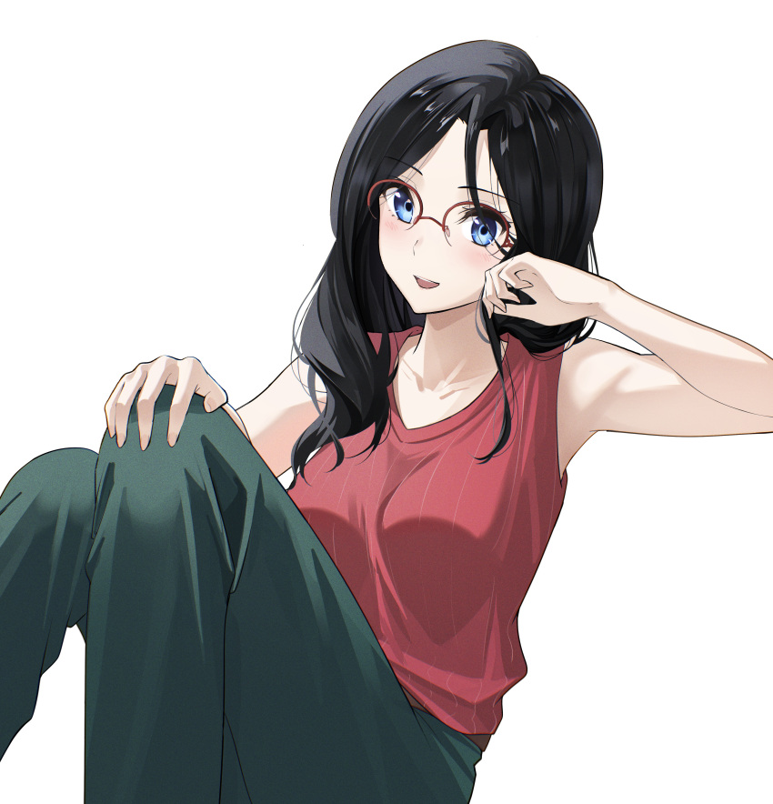 1girl, absurdres, akane_(tgixb), bare_arms, black_hair, blue_eyes, breasts, green_pants