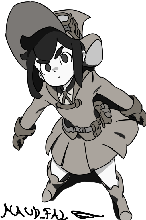1girl, artist_name, boots, commentary_request, constanze_amalie_von_braunschbank-albrechtsberger, dress, gloves, greyscale, hashtag-only_commentary, hat, little_witch_academia, looking_at_viewer, luna_nova_school_uniform, maud_fal, monochrome, pointy_hat, school_uniform, sidelocks, simple_background, solo, waist_bag, witch, witch_hat