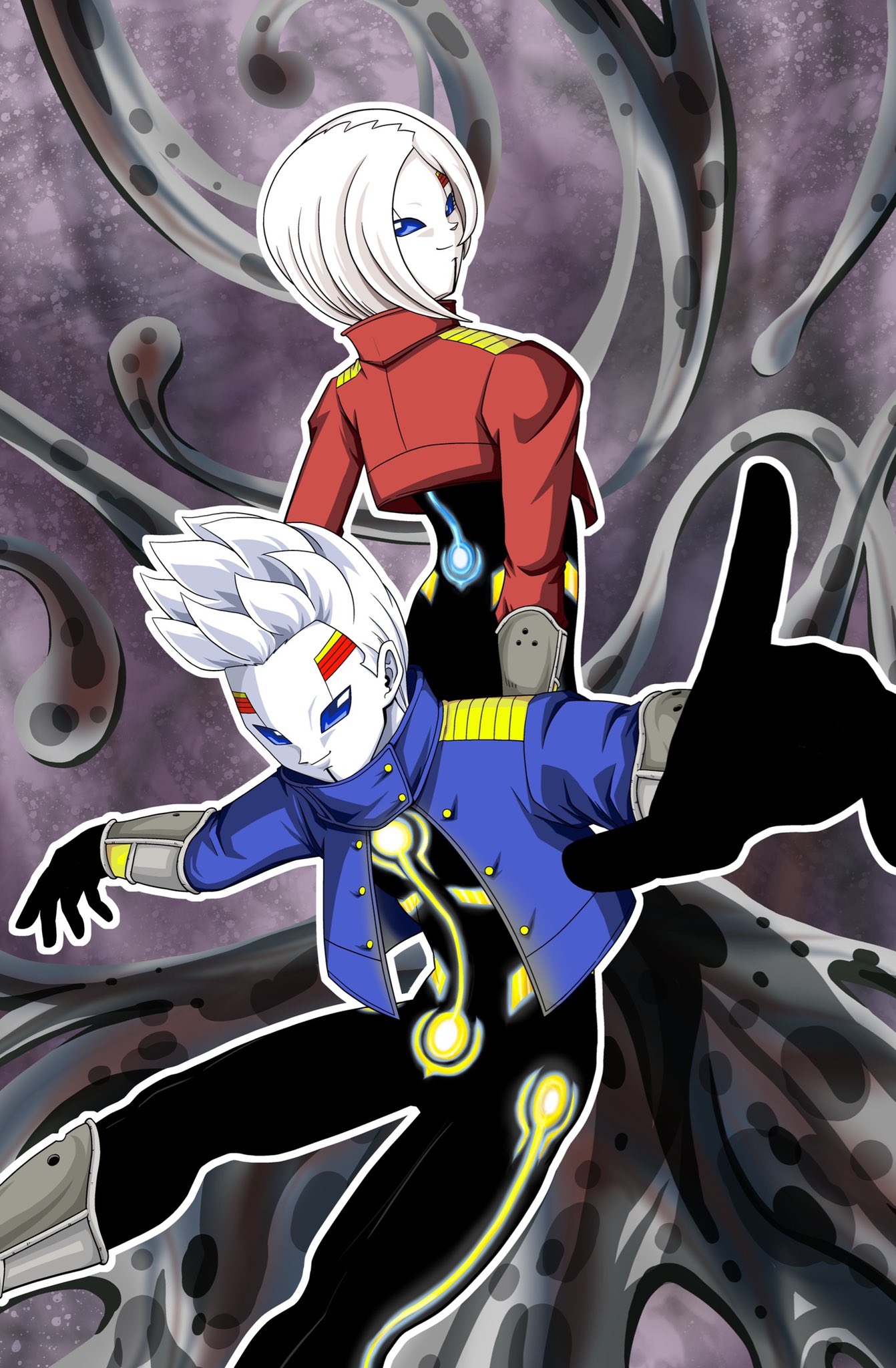 1boy, 1girl, black_bodysuit, bob_cut, bodysuit, brother_and_sister, colored_skin, commentary_request, cropped_jacket, dragon_ball, dragon_ball_heroes, facial_mark, highres, kamin_(dragon_ball), looking_at_viewer, looking_back, nagayama_yoshitaka, oren_(dragon_ball), reaching, reaching_towards_viewer, short_hair, siblings, smirk, twins, white_skin