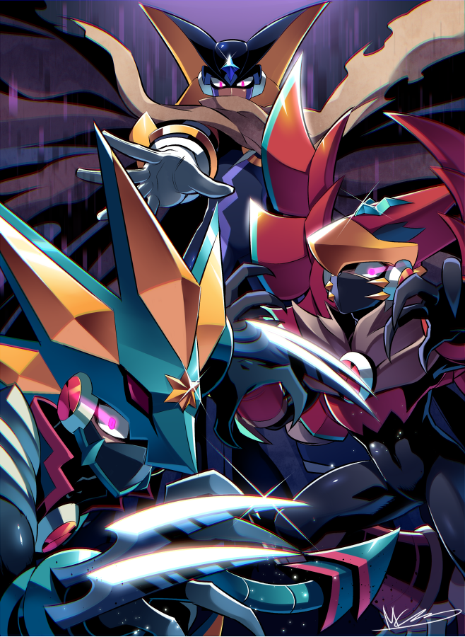 3boys, armor, bass.exe_(mega_man), black_bodysuit, black_helmet, bodysuit, brown_cloak, claw_(weapon)
