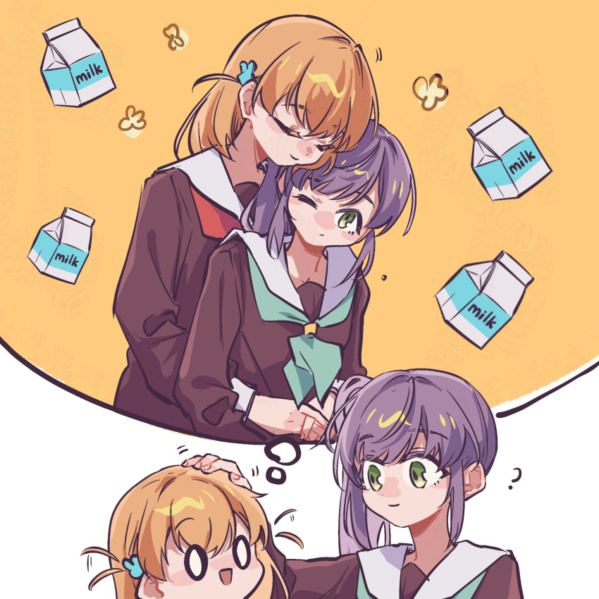 0_0, 2girls, :d, ;/, ?, afterimage, alternate_height, cerise_bouquet, closed_eyes, closed_mouth, commentary, crossed_bangs, expressive_hair, flower_(symbol), green_eyes, hair_ornament, headpat, height_difference, highres, hinoshita_kaho, hug, hug_from_behind, imagining, kawa_(chuan_kawa_), link!_like!_love_live!, long_hair, love_live!, medium_hair, milk_carton, multiple_girls, open_mouth, orange_hair, otomune_kozue, purple_hair, rabbit_hair_ornament, side_ponytail, sidelocks, smile, two_side_up, u_u, virtual_youtuber