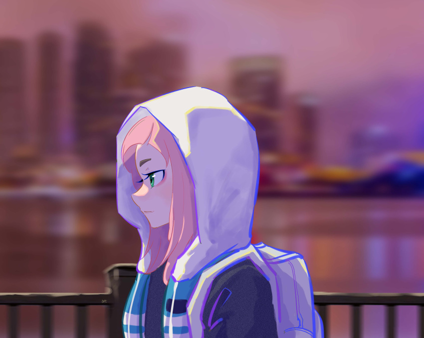 1girl, absurdres, backpack, bag, blurry, blurry_background, breasts, chinese_commentary