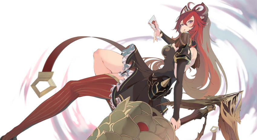1girl, asymmetrical_legwear, azur_lane, black_dress, card, dress, fleuret_(azur_lane), frilled_dress