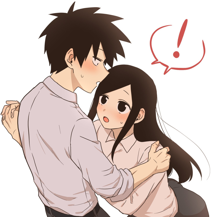 !, 1boy, 1girl, :o, belt, black_belt, black_eyes, black_hair