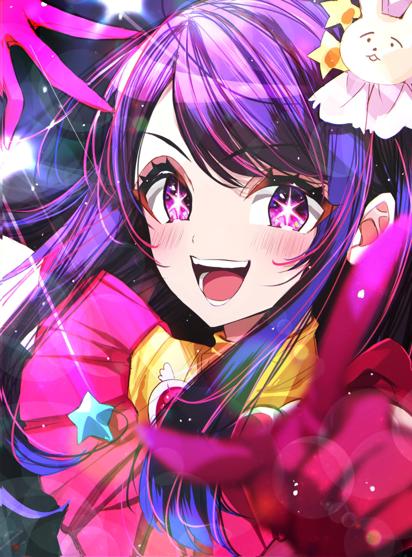 1girl, dress, fangs, gloves, hair_ornament, highres, hoshino_ai_(oshi_no_ko), idol