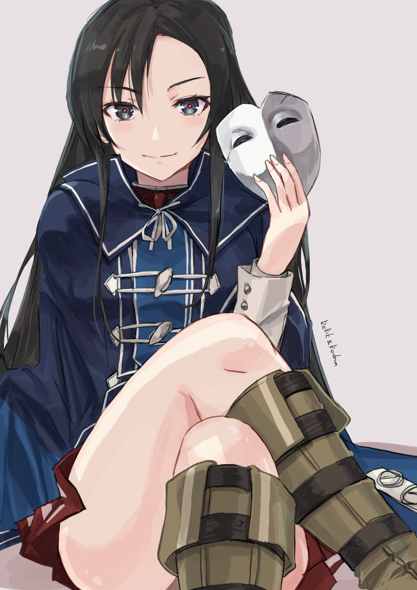 1girl, black_eyes, black_hair, blue_cloak, boots, breasts, brown_footwear, cloak
