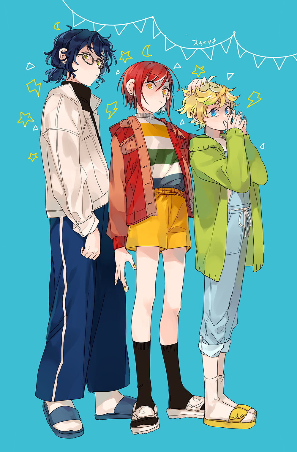 3boys, alternate_costume, aoba_tsugumi, arm_at_side, behind_another, black_skirt, black_socks, blue_background