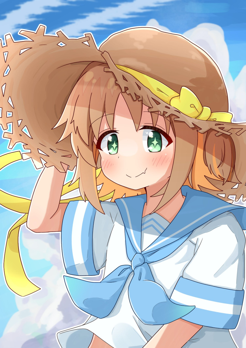 +_+, 1girl, altair_altea, alternate_costume, bare_arms, blue_neckerchief, blue_sailor_collar, blue_sky