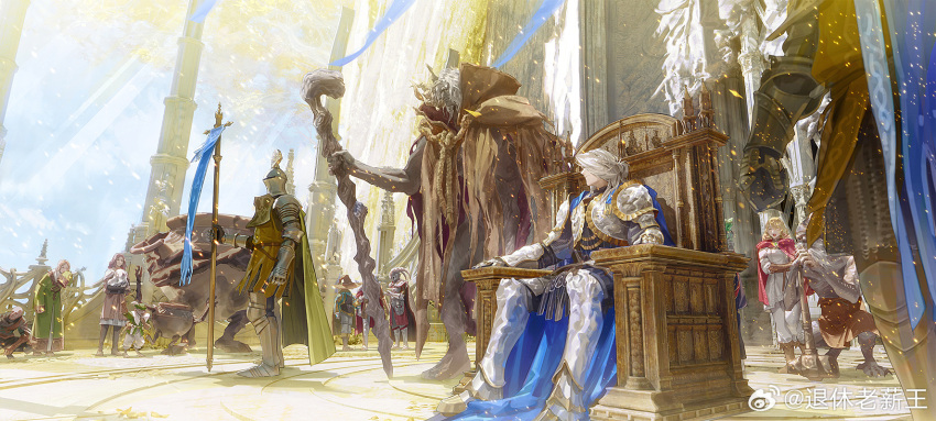 4girls, 6+boys, armor, asymmetrical_horns, barefoot, blacksmith, blue_robe, boc_the_seamster