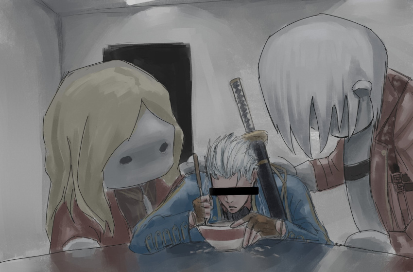 2boys, 2others, belt_bra, big_head, black_gloves, blank_room_soup, blue_coat, blue_eyes, bowl, brothers, censored, coat, counto49, dante_(devil_may_cry), devil_may_cry_(series), devil_may_cry_3, doqute_doll_photoshoot_parody_(meme), eating, eva_(devil_may_cry), family, fingerless_gloves, food, gloves, hair_slicked_back, highres, holding, holding_ladle, holding_spoon, holding_weapon, identity_censor, indoors, katana, ladle, long_hair, long_sleeves, male_focus, meme, mother_and_son, multiple_boys, multiple_others, parody, red_coat, siblings, soup, spoon, sunken_eyes, sword, table, upper_body, vergil_(devil_may_cry), weapon, white_hair, yamato_(sword)
