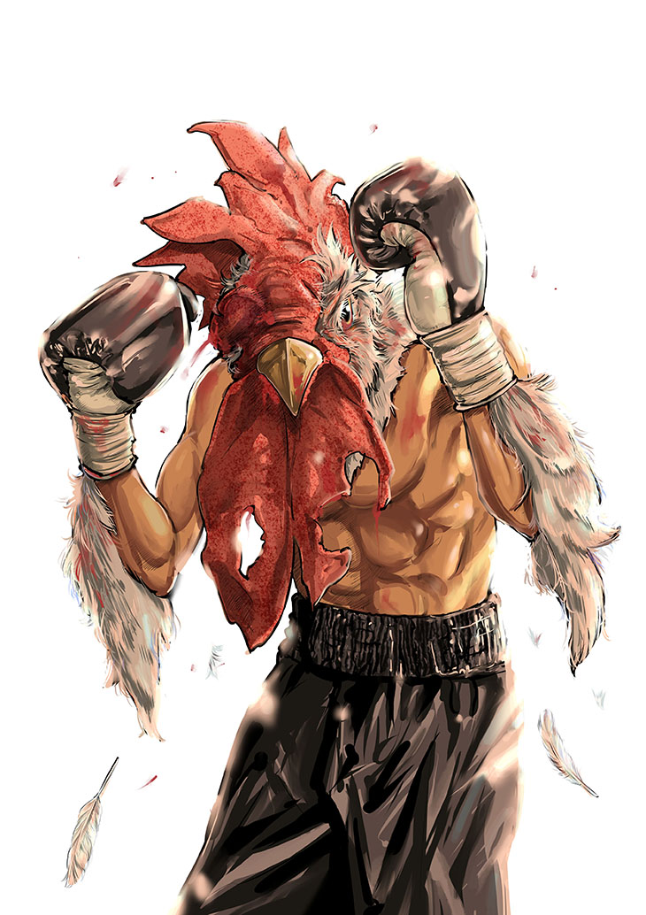 1boy, abs, bird, boxing, boxing_gloves, chicken, muraoka_yuu