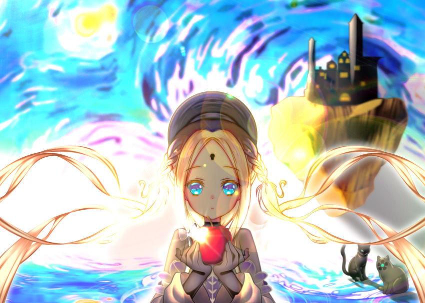 abigail_williams_(event_portrait)_(fate), abigail_williams_(fate), apple, black_cat, black_hat, black_shirt, blonde_hair, blue_eyes
