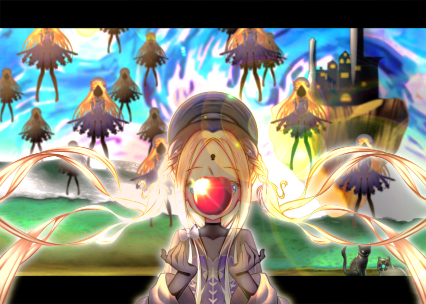6+girls, abigail_williams_(event_portrait)_(fate), abigail_williams_(fate), apple, black_bow, black_cat, black_hat, black_shirt